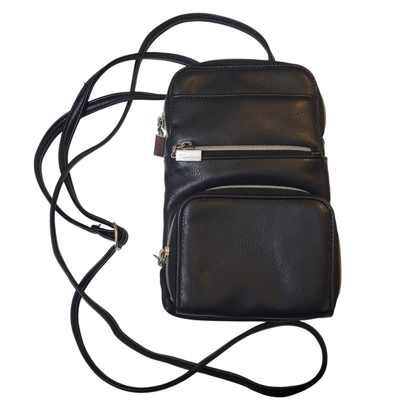 Handbags - Black Faux Leather Multi-Pocket Crossbody Travel Bag Phone Purse Silver Hardware